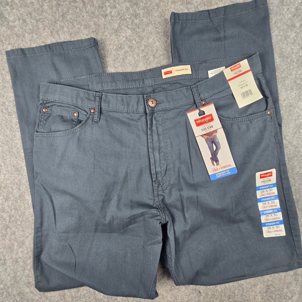 Wrangler Five Star Pants Mens 38x30 Gray Straight Fit Free to Stretch NEW